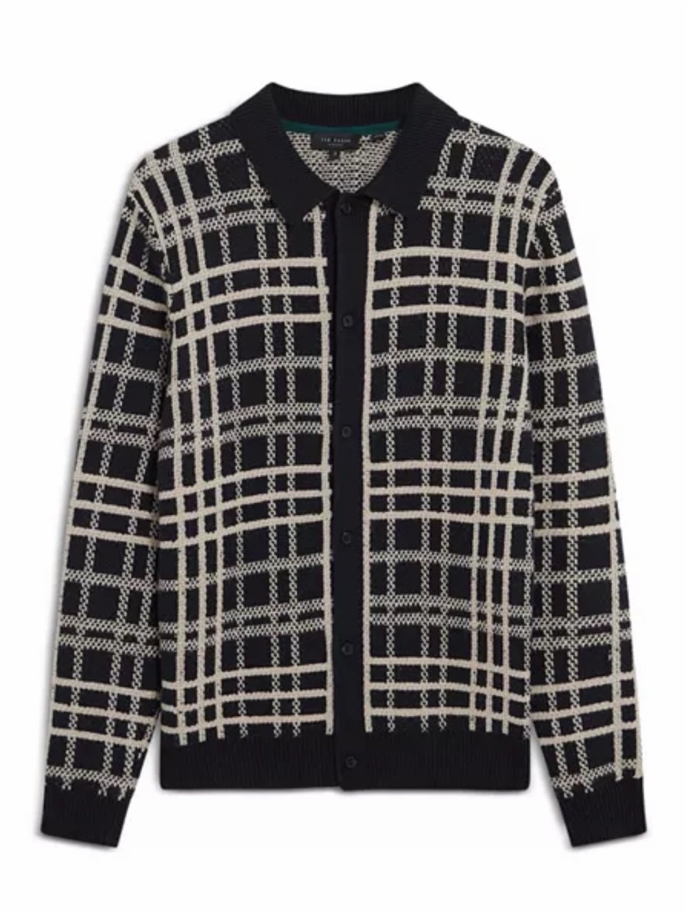 Ted Baker Jovien Button Through Sweater Wool Blend Navy Check Cardigan Size 4/L